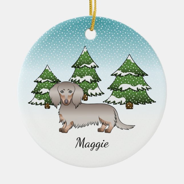Isabella & Tan Long Hair Dackel Winterwald Keramik Ornament (Vorne)