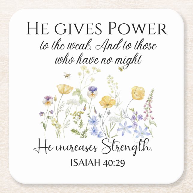 Isaiah 40:29 Er gibt Power Wildblumen Schrift Rechteckiger Pappuntersetzer (Vorderseite)