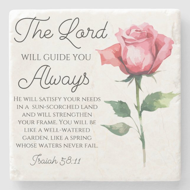 Isaiah 58:11 Single Rose Bibelschrift Steinuntersetzer (Vorderseite)