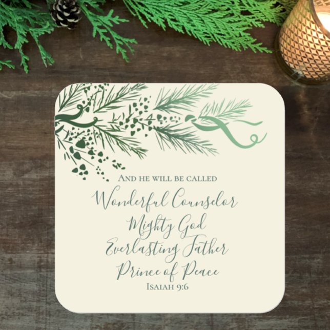 Isaiah 9:6 Elegante, einzigartige Vegetation Kiefe Quadratischer Aufkleber (Isaiah 9:6 Christian Bible scripture with unique sage greenery elegant script Christmas sticker 
)