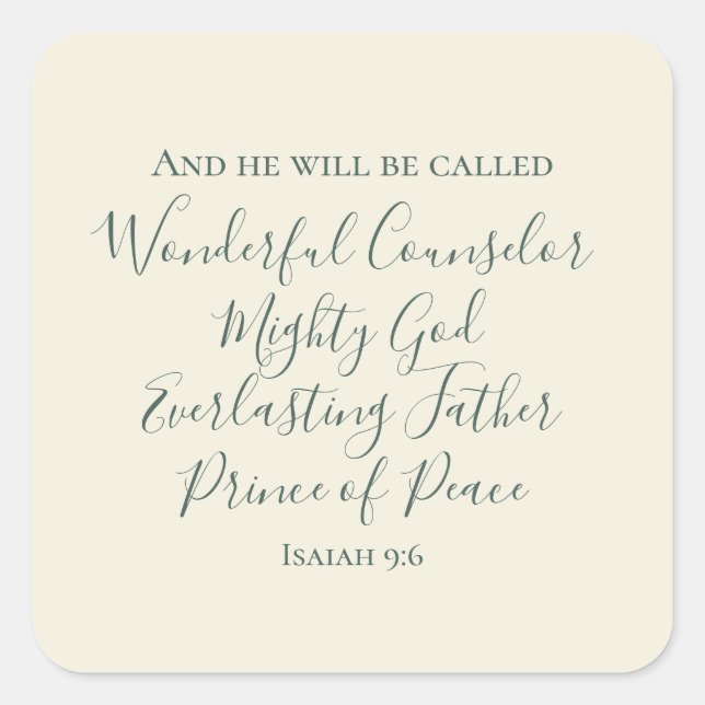 Isaiah 9:6 Elegante Sage Green Christliche Weihnac Quadratischer Aufkleber (Vorderseite)