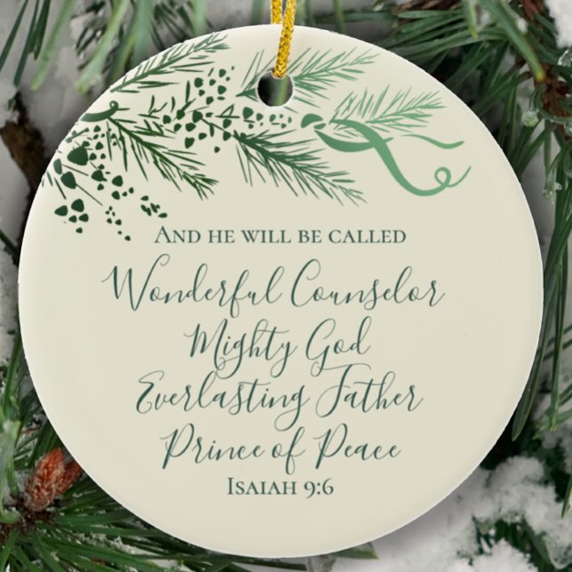 Isaiah 9:6 Personalisiert Modern Pine Christmas Ge Keramik Ornament (Isaiah 9:6 Personalized Christian scripture Christmas ornament. Hand drawn pine, elegant custom gift)