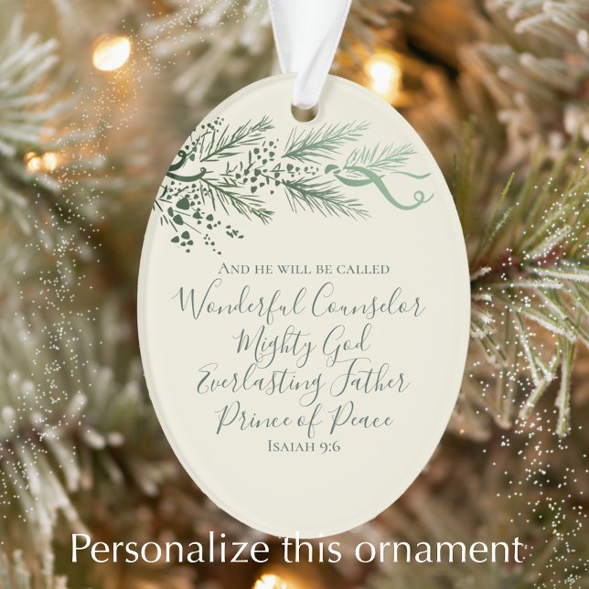 Isaiah 9:6 Personalisiert Modern Pine Christmas Ge Ornament (Personalize this elegant original art pine and bows Christmas ornament. Isaiah 9:6 Bible scripture.)