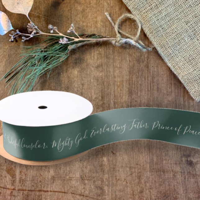 Isaiah 9:6 Prince of Peace Elegant Grünen Weihnach Satinband (Isaiah 9:6 Prince of Peace Christmas faith scripture in modern elegant script on green gift ribbon 
)