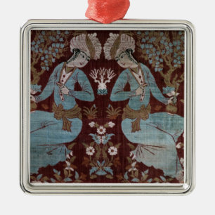 Isfahan-Artplatte, Perser, 17. Jahrhundert (Seide) Silbernes Ornament
