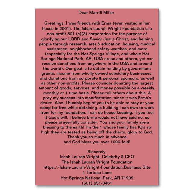 Ishah Laurah Wright Foundation Tischnummer (Rückseite)