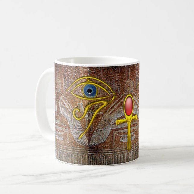ISIS, GOLD ANKH UND BLAUER HORUS-AUGEN braun Tasse (Vorderseite Links)