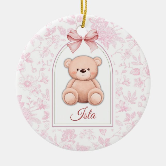 Isla | Benutzerdefiniertes rosa Teddy-Bär-Kinderzi Keramik Ornament (Vorne)