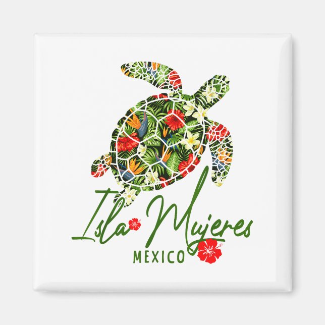 Isla Mujeres Mexico Sea Turtle Tropical Hibiscus V Magnet (Vorne)