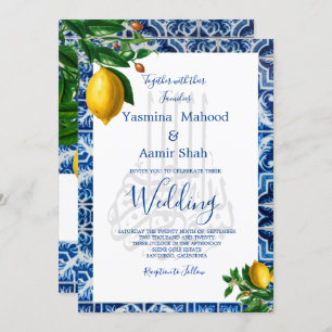 Islamic Bismillah Lemons Blue White Tile Monogram Einladung