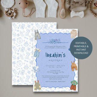Islamic Blue Watercolor Baby Boy Aqiqah Invitation Einladung
