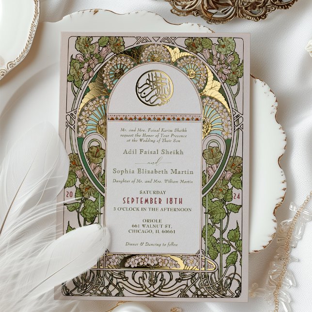 Islamische Heirat Grüne Hochzeit Jugendstil Mucha Folieneinladung (Von Creator hochgeladen)