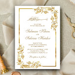 Islamische Hochzeit an der weißen und goldenen Gre Einladung<br><div class="desc">Die elegante Hochzeitseinladung mit einem wunderschönen Imitat mit goldenem Design und "Bismillah" in arabischer Kalligrafie lädt Ihre Gäste ein. Fügen Sie einfach Ihre Veranstaltungsdetails zu dieser einfach zu bedienenden Vorlage hinzu, um sie zu einer einmaligen Einladung zu machen. Dreh die Karte auf, um ein Imitat mit Goldfolie auf der Kartenrückseite...</div>