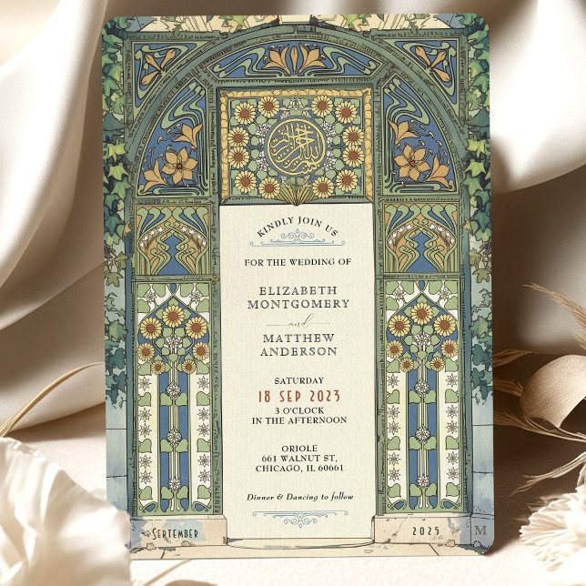 Islamische Hochzeit Blau, Gold, grüner Pfeil Einladung (Von Creator hochgeladen)
