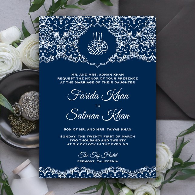 Islamische Hochzeit der Navy in Blau und Weiß Einladung (Von Creator hochgeladen)