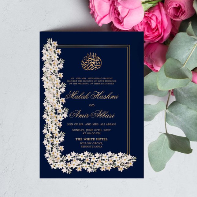 Islamische Hochzeit der Navy White Floral Chic Einladung (Von Creator hochgeladen)