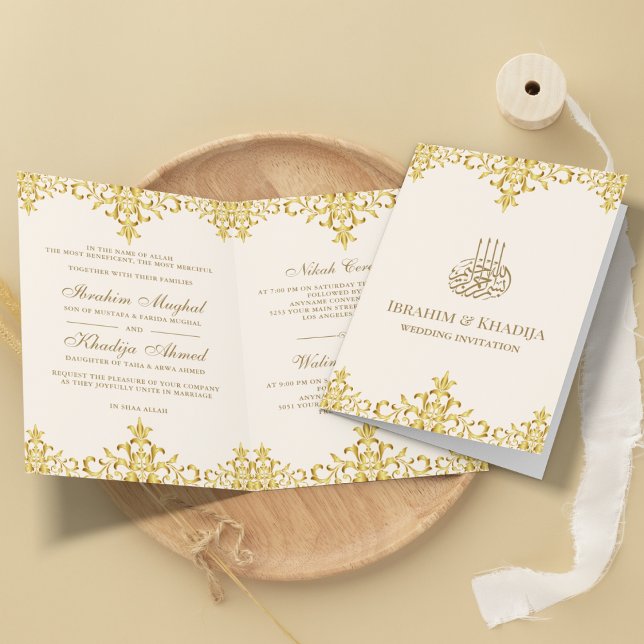 Islamische Hochzeit mit Sahne und Goldfoil Damask Einladung (Von Creator hochgeladen)