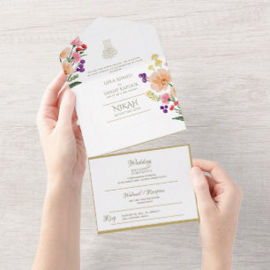 Islamische HOCHZEIT NIKAH WALLIMAH Gold Blumen All In One Einladung