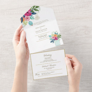 Islamische HOCHZEIT NIKAH WALLIMAH Gold Blumen All In One Einladung