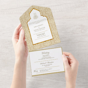 Islamische HOCHZEIT NIKAH WALLIMAH Gold Damast All In One Einladung