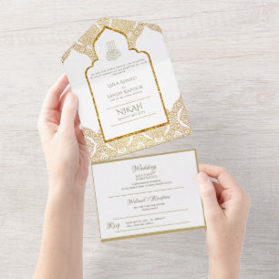 Islamische HOCHZEIT NIKAH WALLIMAH Gold Ornamentie All In One Einladung