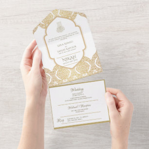 Islamische HOCHZEIT NIKAH WALLIMAH Gold Verziert A All In One Einladung