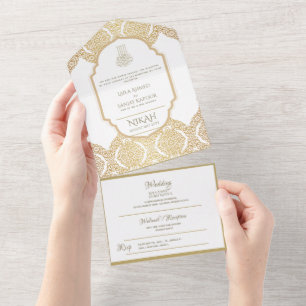 Islamische HOCHZEIT NIKAH WALLIMAH Gold Verziert A All In One Einladung