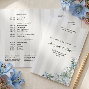 Islamische Nikah-Hochzeit Blaue Lilie Grauer Strei Dreifach-gefaltete Programmkarte