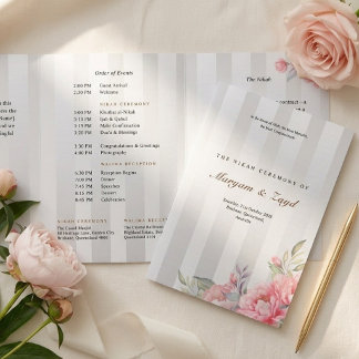 Islamische Nikah-Hochzeit | Blush Pfingstrose Grau Dreifach-gefaltete Programmkarte