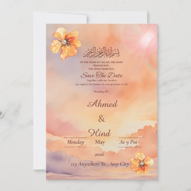Islamische Save-the-Date-Karte Pfirsich-Sonnenunte Save The Date (Vorderseite)