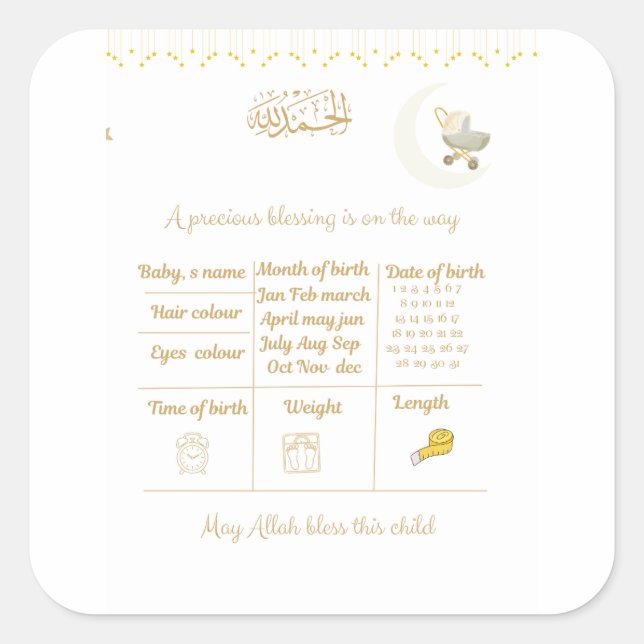 Islamisches Babyshower-Vorhersage-Spiel-Bundle Quadratischer Aufkleber (Vorderseite)