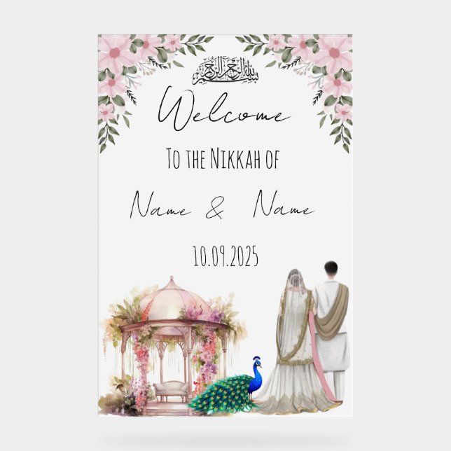 Islamisches Blumenrosa Nikkah Schild. Acrylschild (Vorderseite)