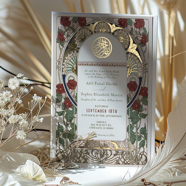 Islamisches Burgund Hochzeit Art Nouveau Mucha Folieneinladung (Von Creator hochgeladen)