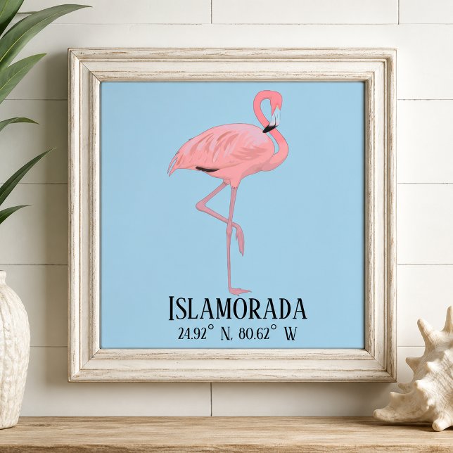 Islamorada FL Keys Breitengrad Längengrad Strandha Fliese (pink flamingo Islamorada Florida Keys lat long coordinates ceramic tile displayed in frame )