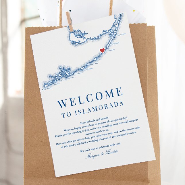 Islamorada FL Navy Blue Wedding Welcome Itinerary Dankeskarte (Islamorada Florida Keys Wedding Welcome Letter Weekend Schedule in Elegant Navy Blue )