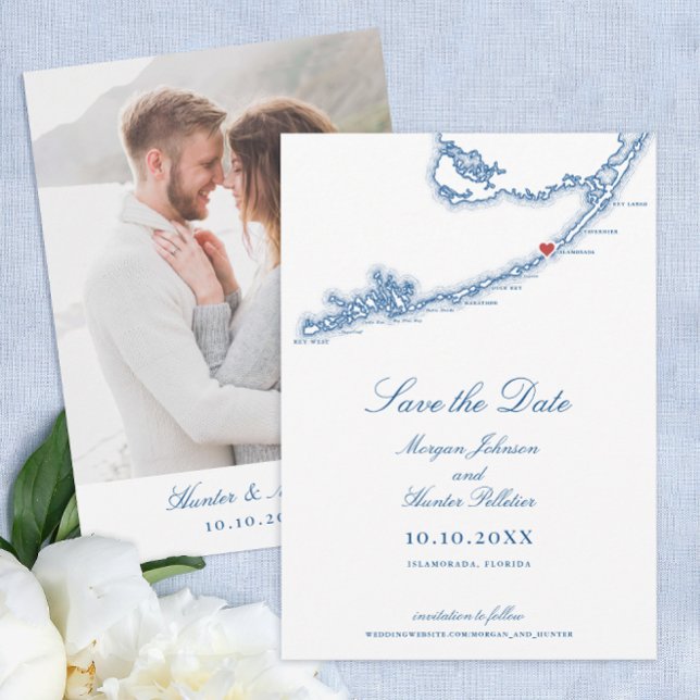 Islamorada Florida Keys Elegante Marine Blue Weddi Save The Date (Islamorada Florida Keys Wedding Save the Dates in Elegant Navy Blue from Coastal Map Designs)