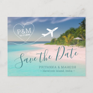 Island Beach Wedding Heart Airplane Ankündigungspostkarte