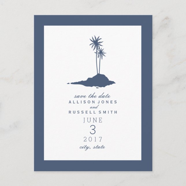 Island Beach Wedding Save the Date - Dunkelblau Ankündigungspostkarte (Vorderseite)