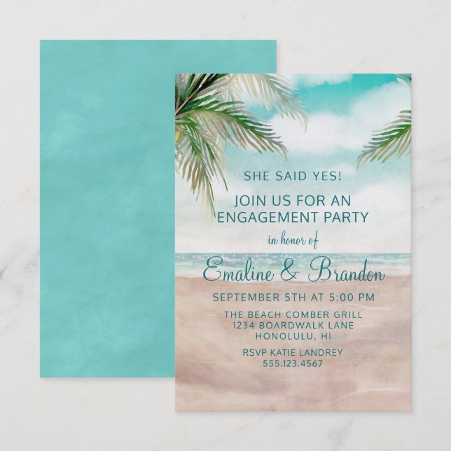 Island Breeze Painted Beach Scene Engagement Party Einladung (Vorne/Hinten)