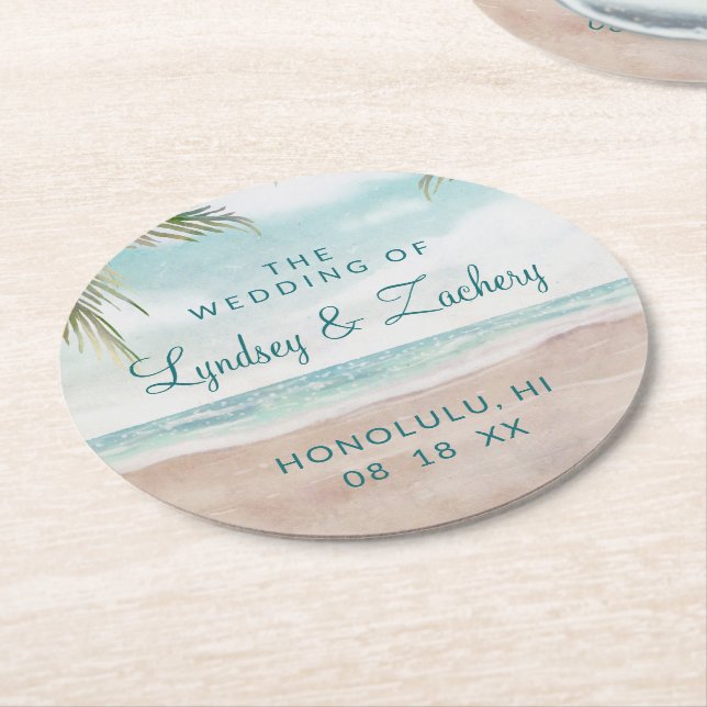 Island Breeze Painted Beach Scene Wedding Monogram Runder Pappuntersetzer (Angewinkelt)