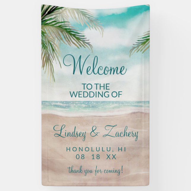 Island Breeze Painted Beach Szene Hochzeit Willkom Banner (Vertikal)