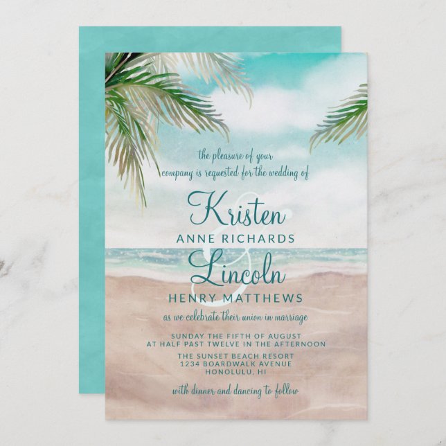 Island Breeze Painted Beach Szene Tropical Wedding Einladung (Vorne/Hinten)