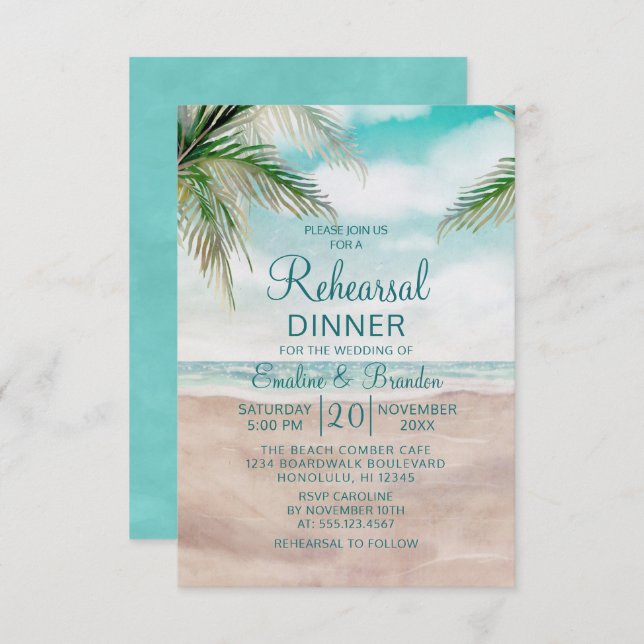 Island Breeze Sandy Beach Hochzeit Probe Dinner Einladung (Vorne/Hinten)