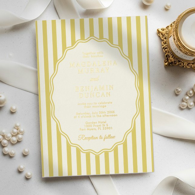 Island Citrus Yellow Elegant Modern Stripe Wedding Folieneinladung (Von Creator hochgeladen)