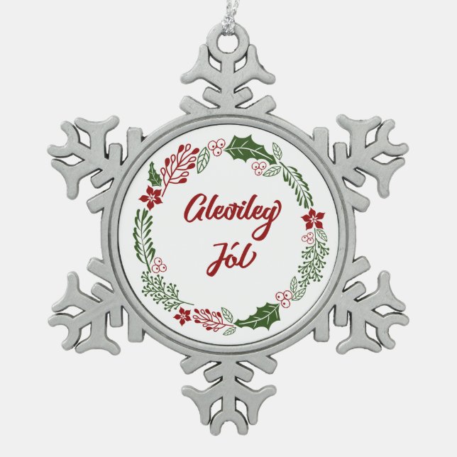 Island Frohe Weihnachtsfeier, Gleðileg jól Schneeflocken Zinn-Ornament (Vorderseite)