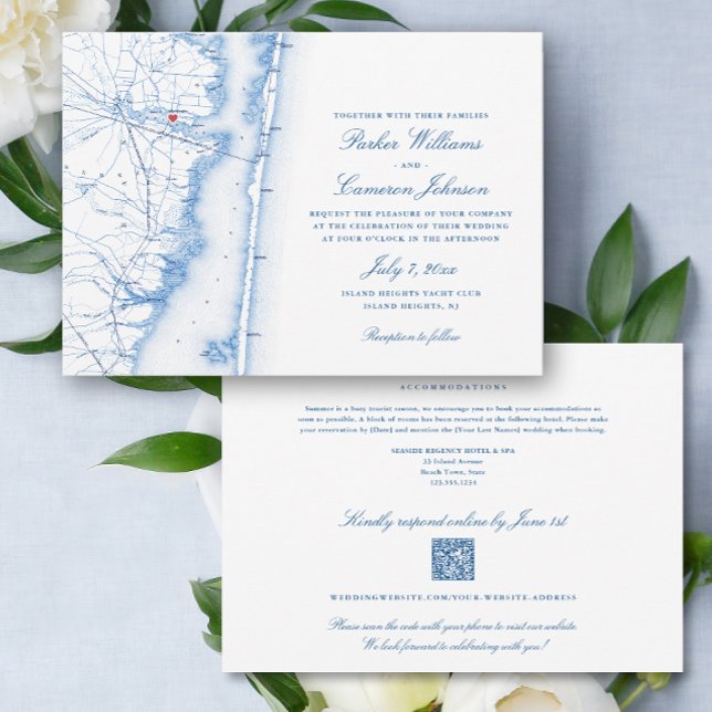 Island Heights NJ all-in-one QR Code UAWG Wedding Einladung (Island Heights NJ Elegant QR Code RSVP all-in-one wedding invitation with elegant navy blue map)