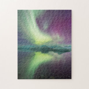 Island, Jokulsarlon. Aurora-Lichter spiegeln Puzzle