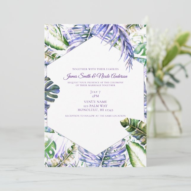 Island Lila Lilac Tropical Palm Blätter Hochzeiten Einladung (Stehend Vorderseite)