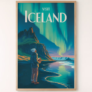 Island Nordlichter Illustration Reise Kunst Vi Poster