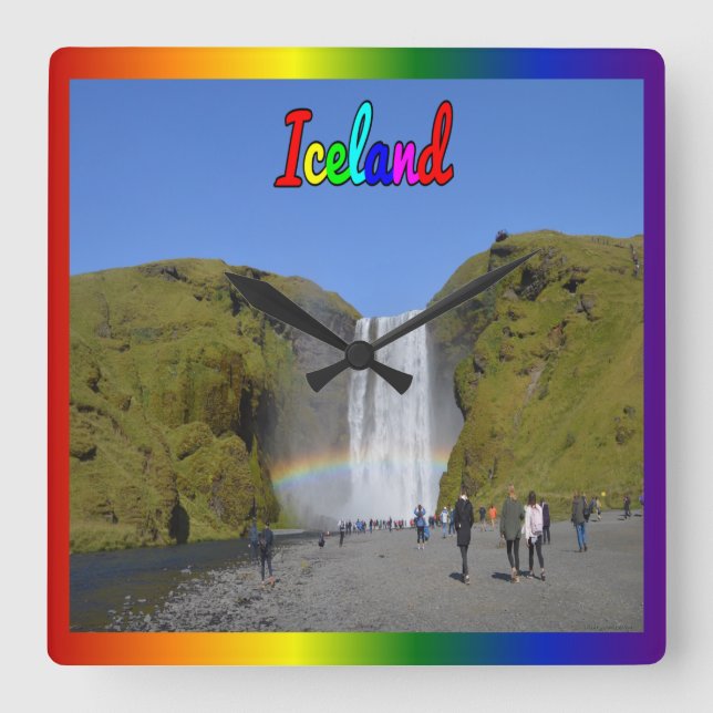 Island - Regenbogenwasserfall Quadratische Wanduhr (Vorderseite)